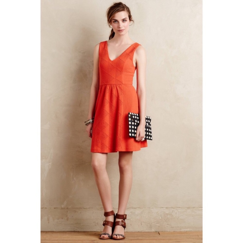 Maeve orange textured double V neck dress POCKETS